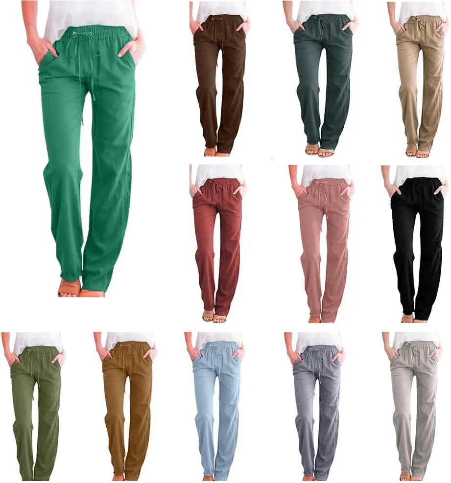 2025 Capri Pants for Women Casual Summer Drawstring Elastic High Waist Linen Pant Straight Leg Cropped
