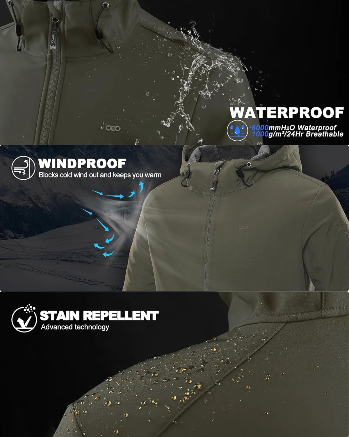 33,000ft Men's Hooded Softshell Jacket Waterproof Lightweight Insulated Windbreaker Fleece Lined Rain Shell Jacket