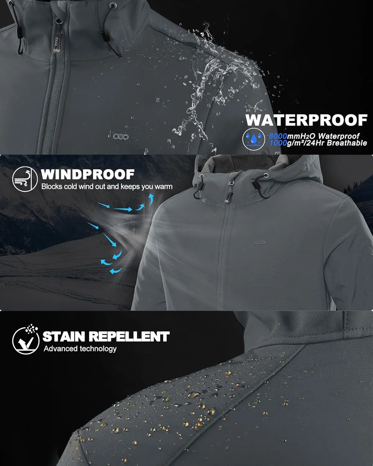 33,000ft Men's Hooded Softshell Jacket Waterproof Lightweight Insulated Windbreaker Fleece Lined Rain Shell Jacket