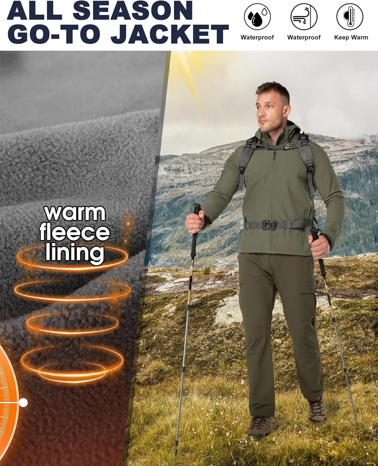 33,000ft Men's Hooded Softshell Jacket Waterproof Lightweight Insulated Windbreaker Fleece Lined Rain Shell Jacket