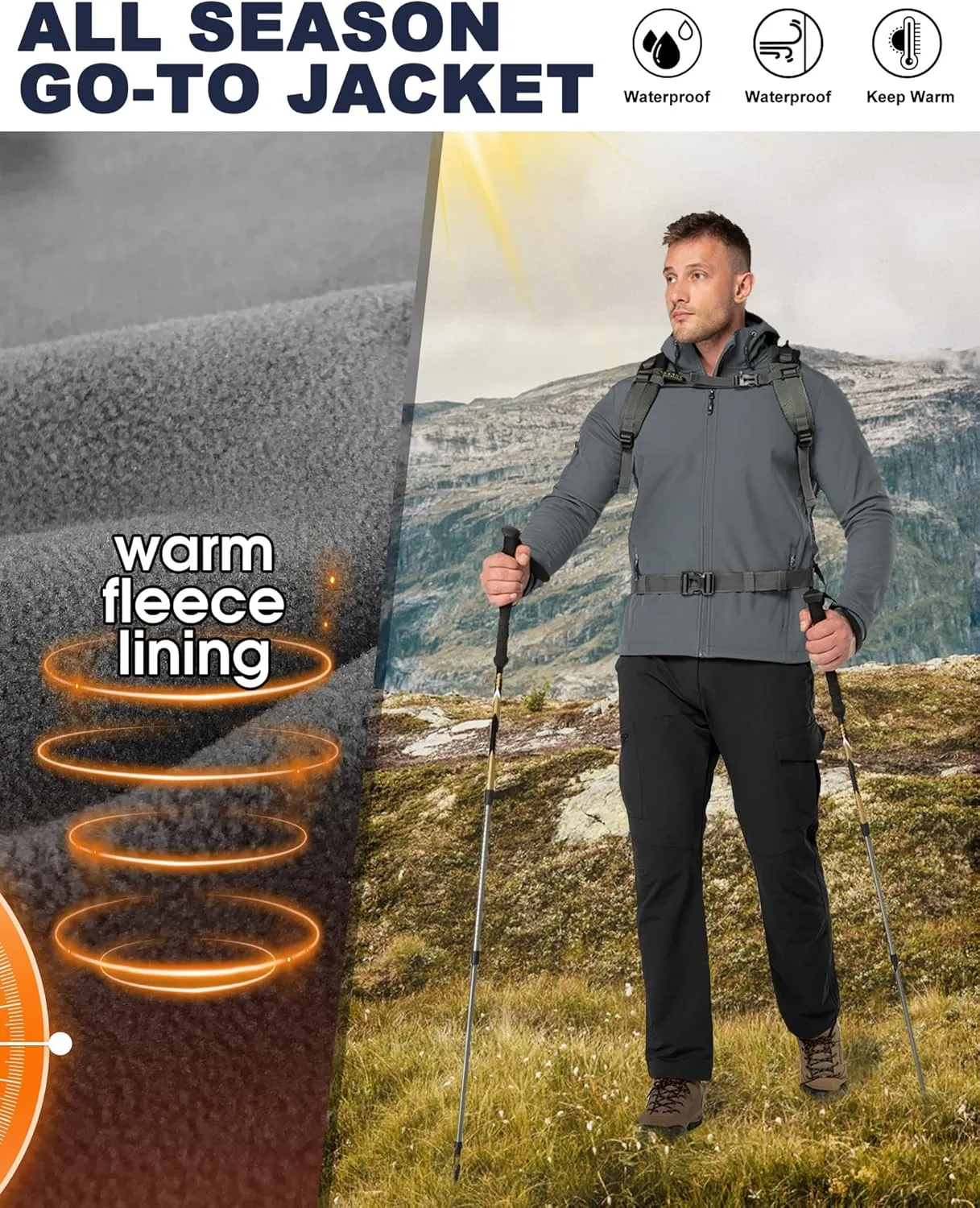 33,000ft Men's Hooded Softshell Jacket Waterproof Lightweight Insulated Windbreaker Fleece Lined Rain Shell Jacket