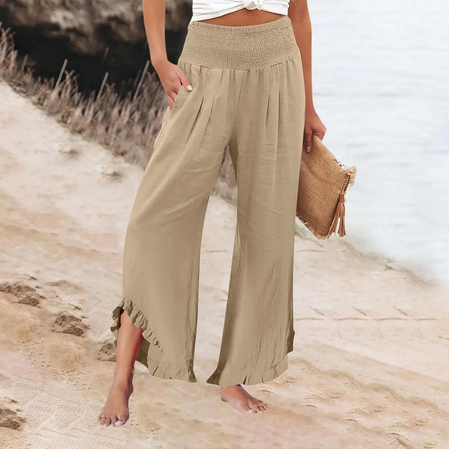ADHOWBEW Linen Pants for Women Flowy Stretch Lounge Plus Size High Waisted Dressy Work Casual Cotton Ladies Pants