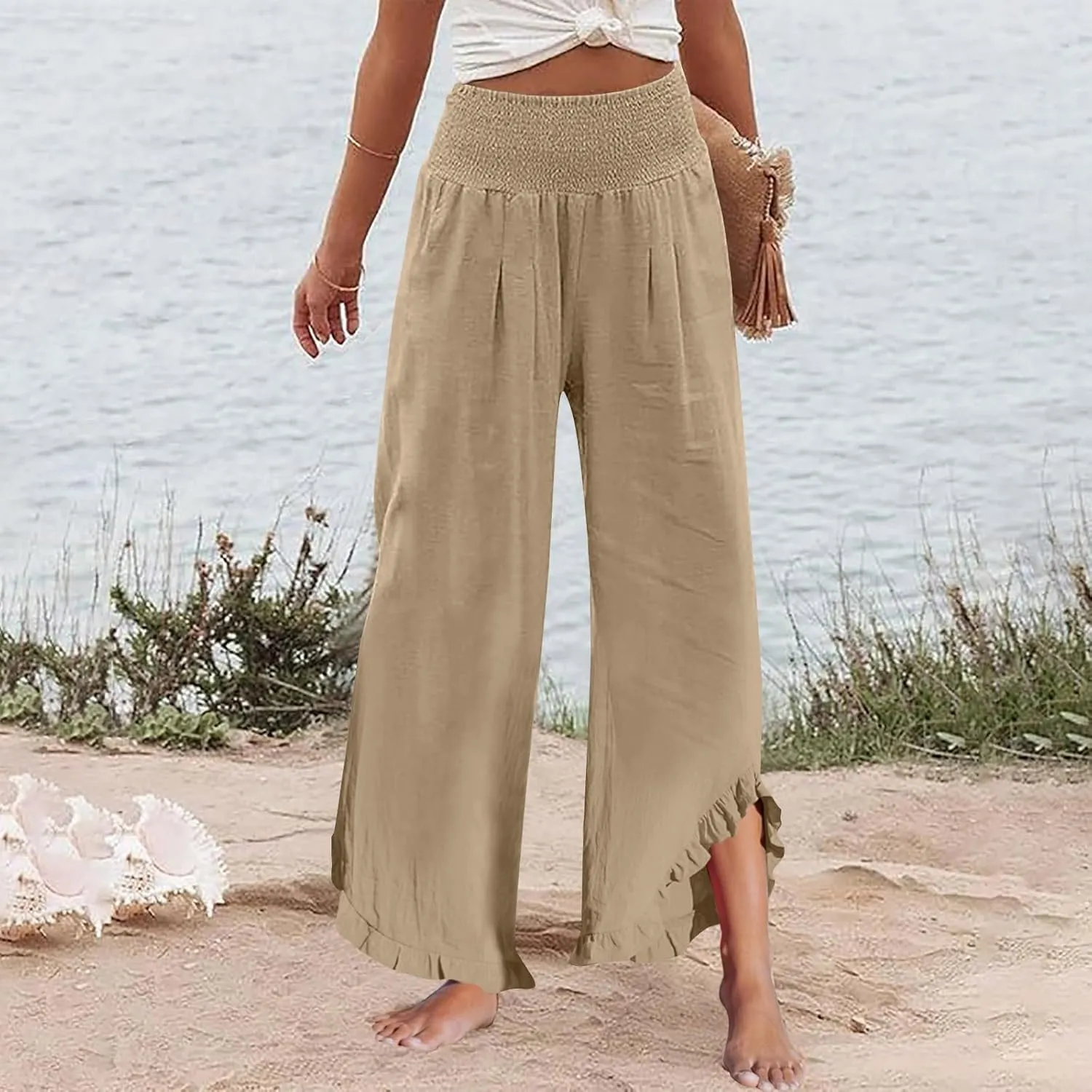 ADHOWBEW Linen Pants for Women Flowy Stretch Lounge Plus Size High Waisted Dressy Work Casual Cotton Ladies Pants