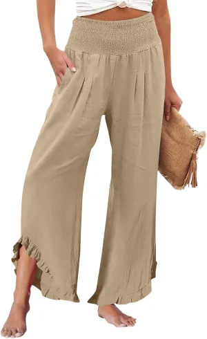 ADHOWBEW Linen Pants for Women Flowy Stretch Lounge Plus Size High Waisted Dressy Work Casual Cotton Ladies Pants