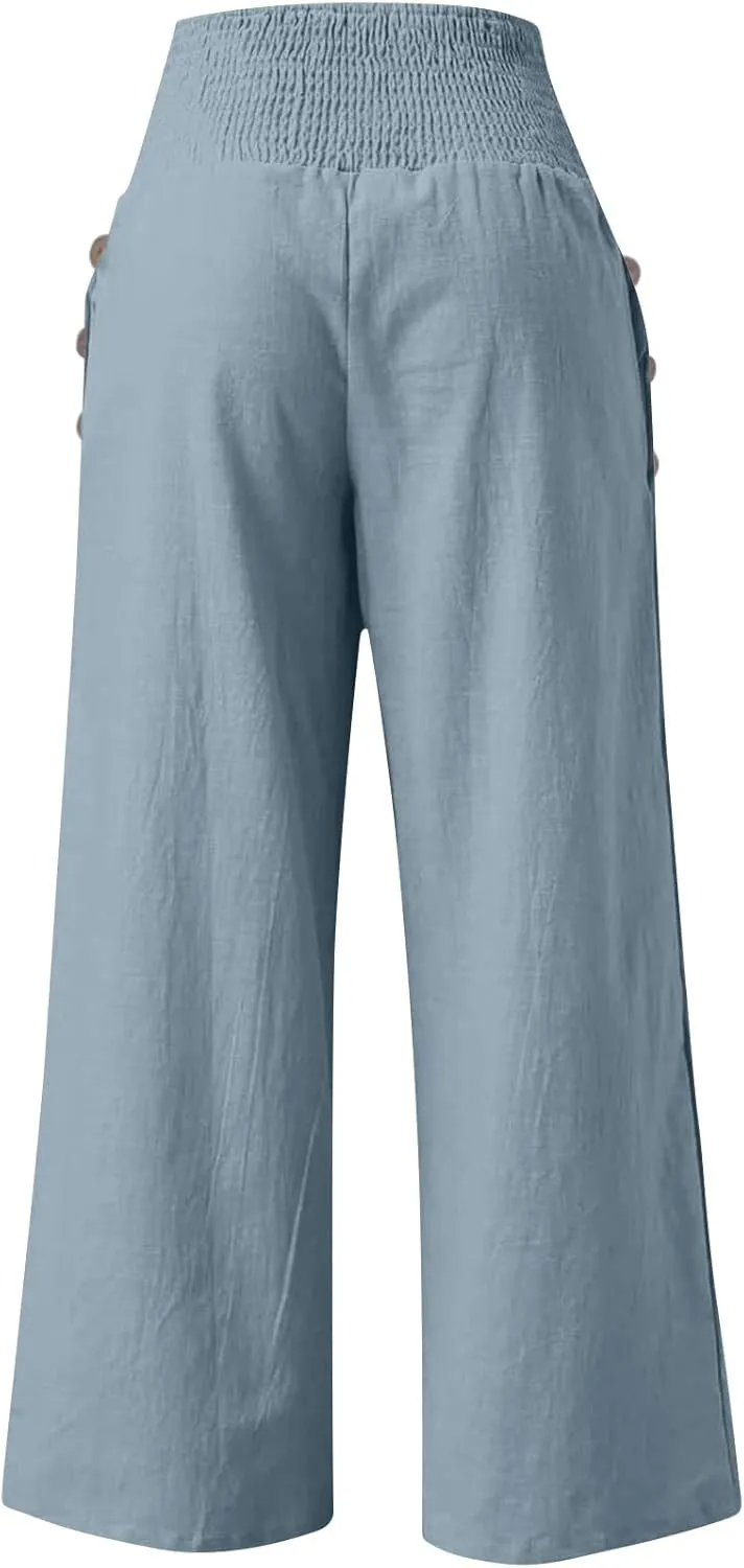 ADHOWBEW Linen Pants for Women Summer 2025 Elastic Waist Plus Size Work Lounge Casual Palazzo Flowy Trousers Dressy Trendy