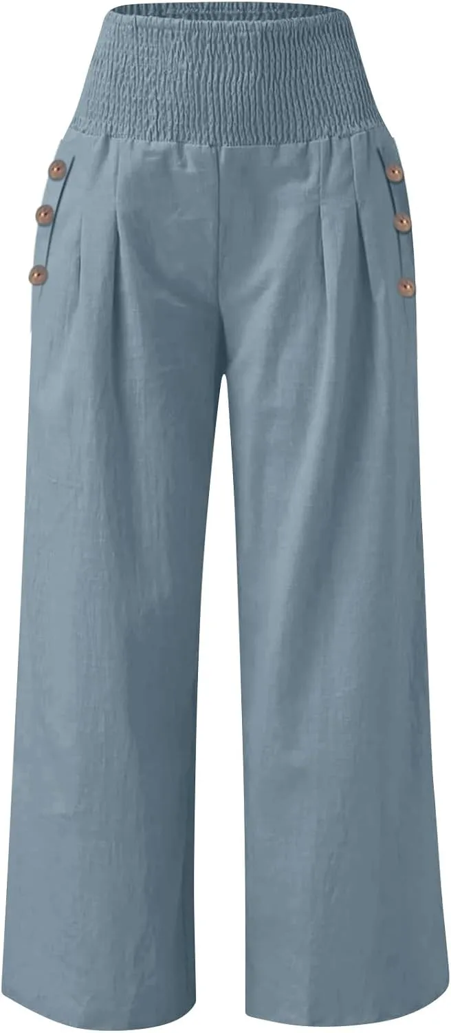 ADHOWBEW Linen Pants for Women Summer 2025 Elastic Waist Plus Size Work Lounge Casual Palazzo Flowy Trousers Dressy Trendy