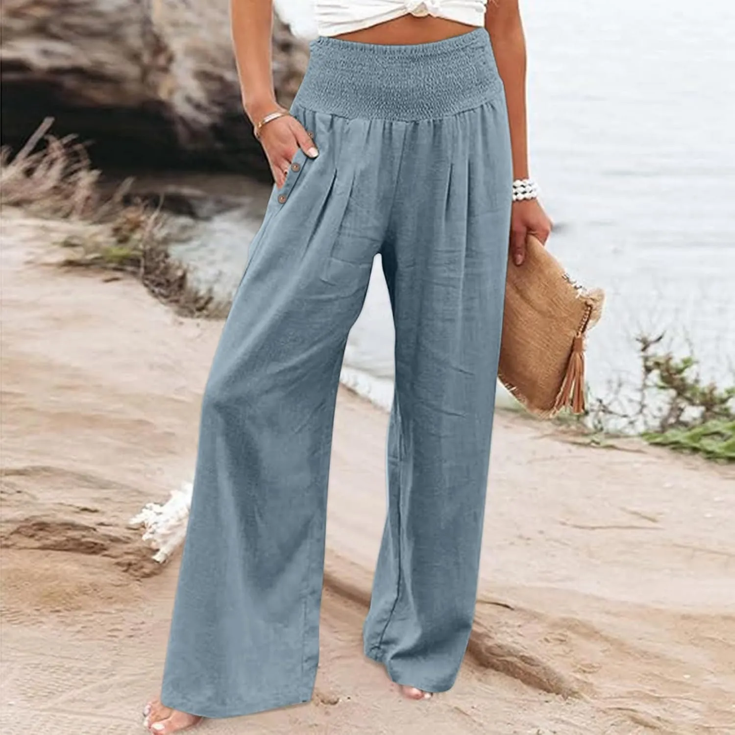 ADHOWBEW Linen Pants for Women Summer 2025 Elastic Waist Plus Size Work Lounge Casual Palazzo Flowy Trousers Dressy Trendy