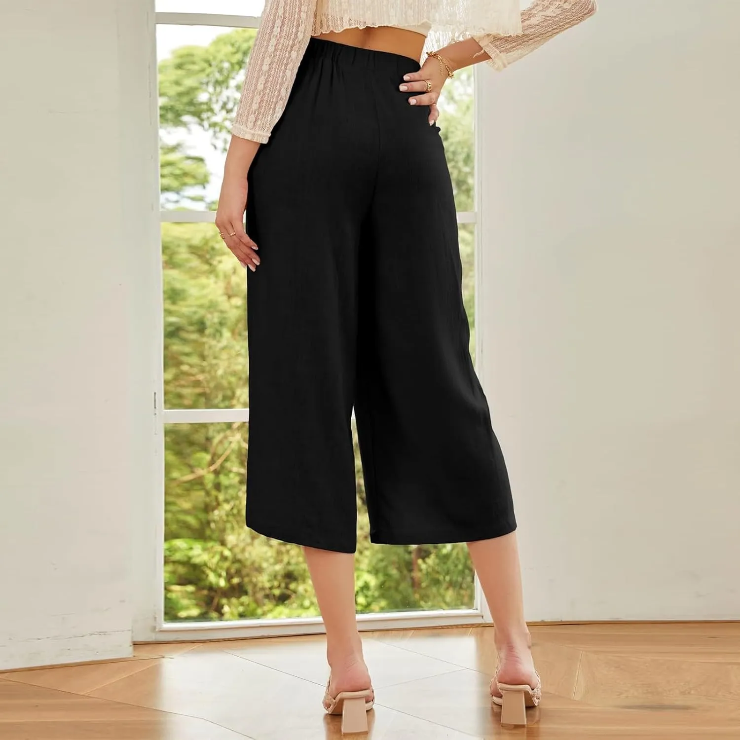 ADHOWBEW Wide Leg Linen Pants for Women Summer 2025 Cover Ups Work Slacks Flowy Palazzo Plus Size Dressy Lounge Trousers