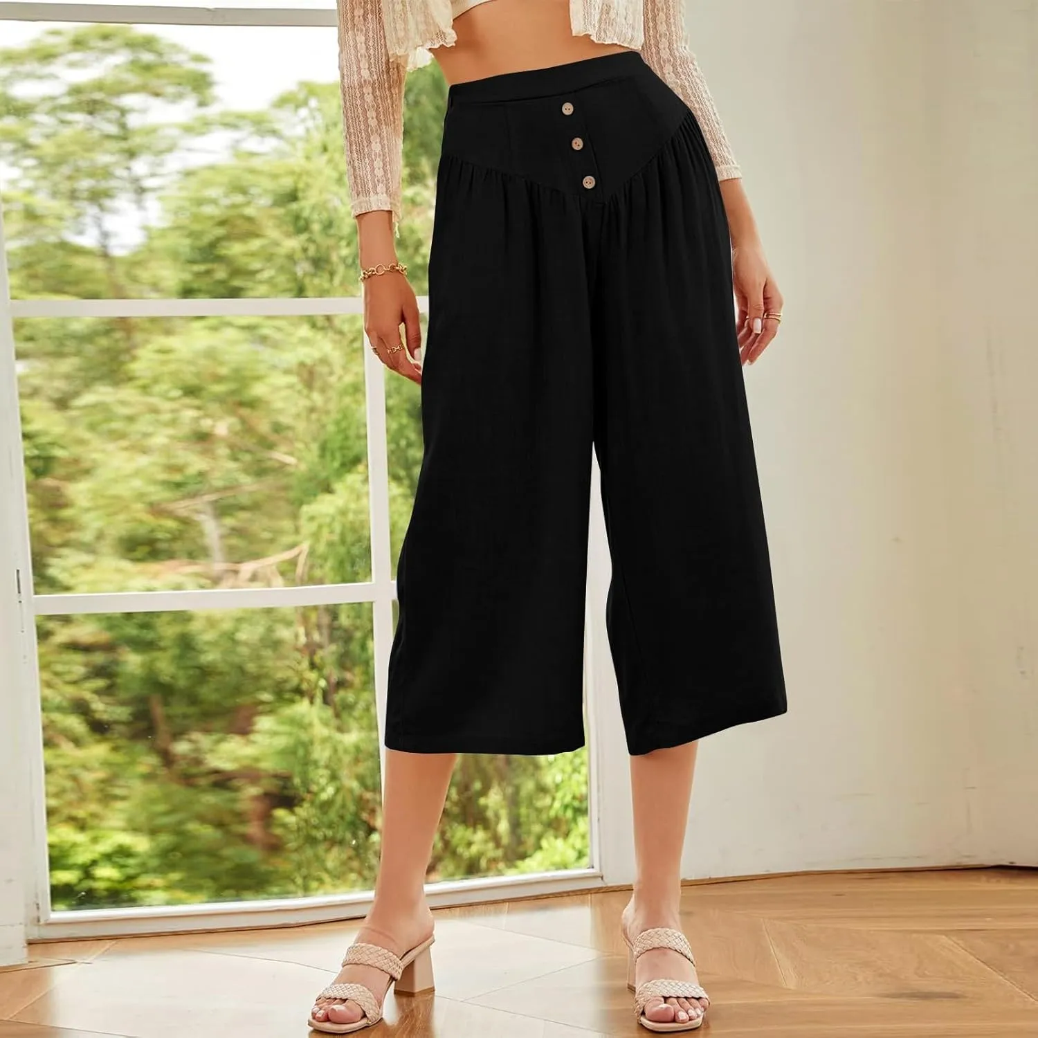 ADHOWBEW Wide Leg Linen Pants for Women Summer 2025 Cover Ups Work Slacks Flowy Palazzo Plus Size Dressy Lounge Trousers
