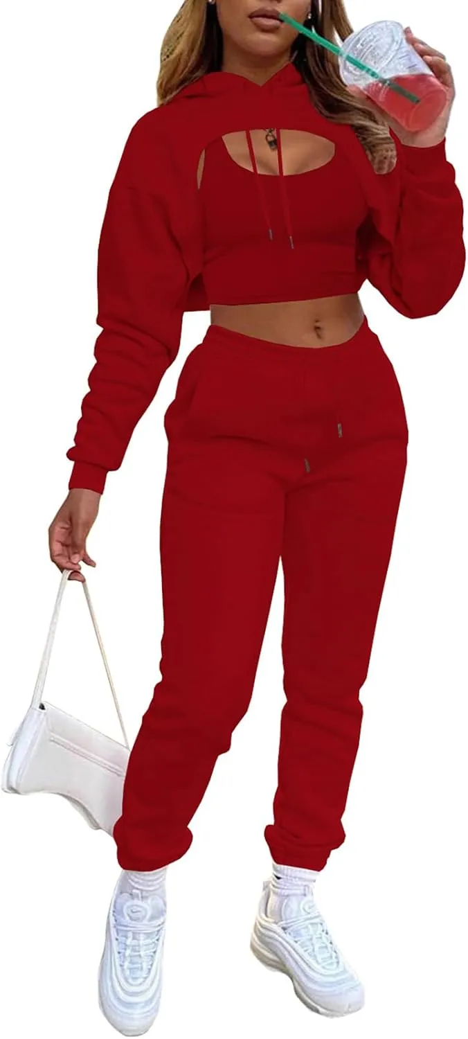Adogirl Women 3 Piece Outfits Tracksuits Set Sexy Long Sleeve Pullover Hoodie Tank Crop Tops Jogger Sweatpants Sweatsuits