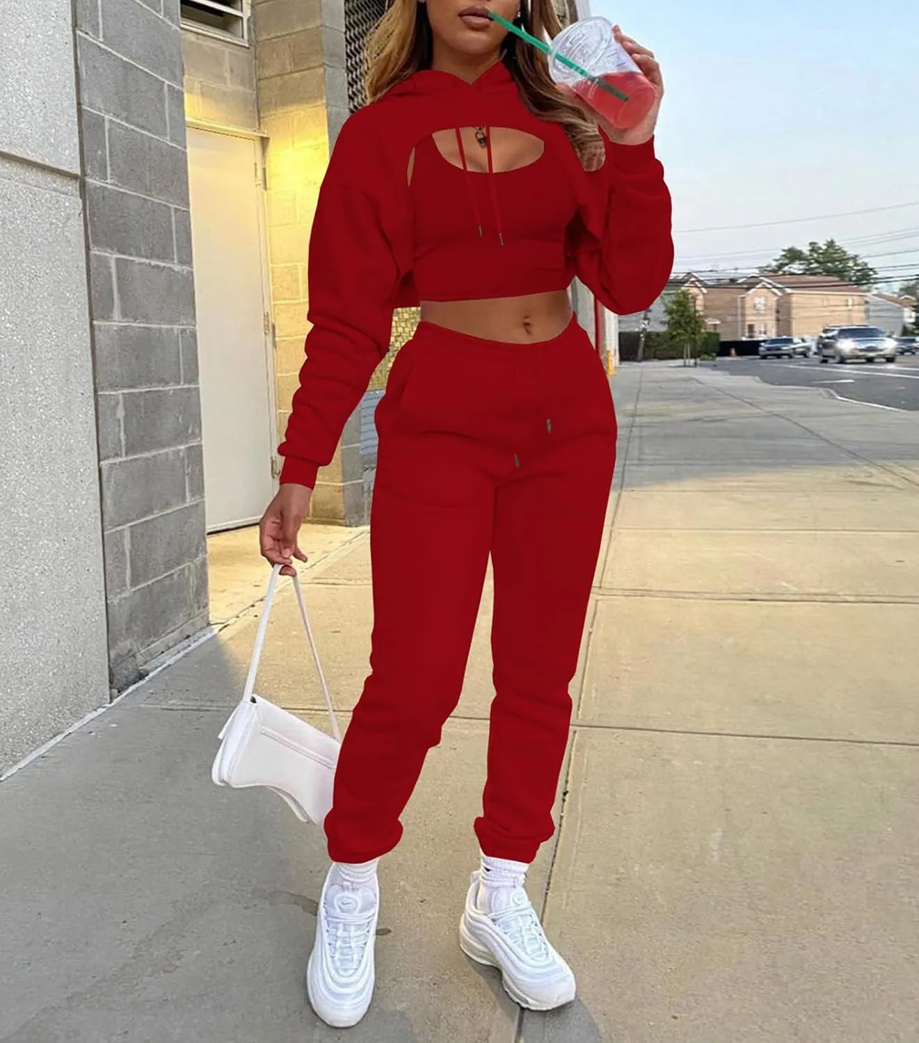Adogirl Women 3 Piece Outfits Tracksuits Set Sexy Long Sleeve Pullover Hoodie Tank Crop Tops Jogger Sweatpants Sweatsuits
