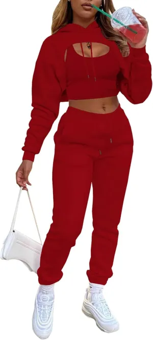 Adogirl Women 3 Piece Outfits Tracksuits Set Sexy Long Sleeve Pullover Hoodie Tank Crop Tops Jogger Sweatpants Sweatsuits