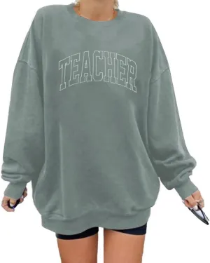 AIIWEIS Oversized Teacher Sweatshirt for Women Embroidered Teacher Letter Print Shirt Casual Crewneck Pullover Tops