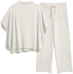 Ainangua Women Casual Two Piece Outfits 3/4 Batwing Sleeve Capelet CrewNeck Pullover Top Wide Leg Pants Lounge Sets Sweatsuit
