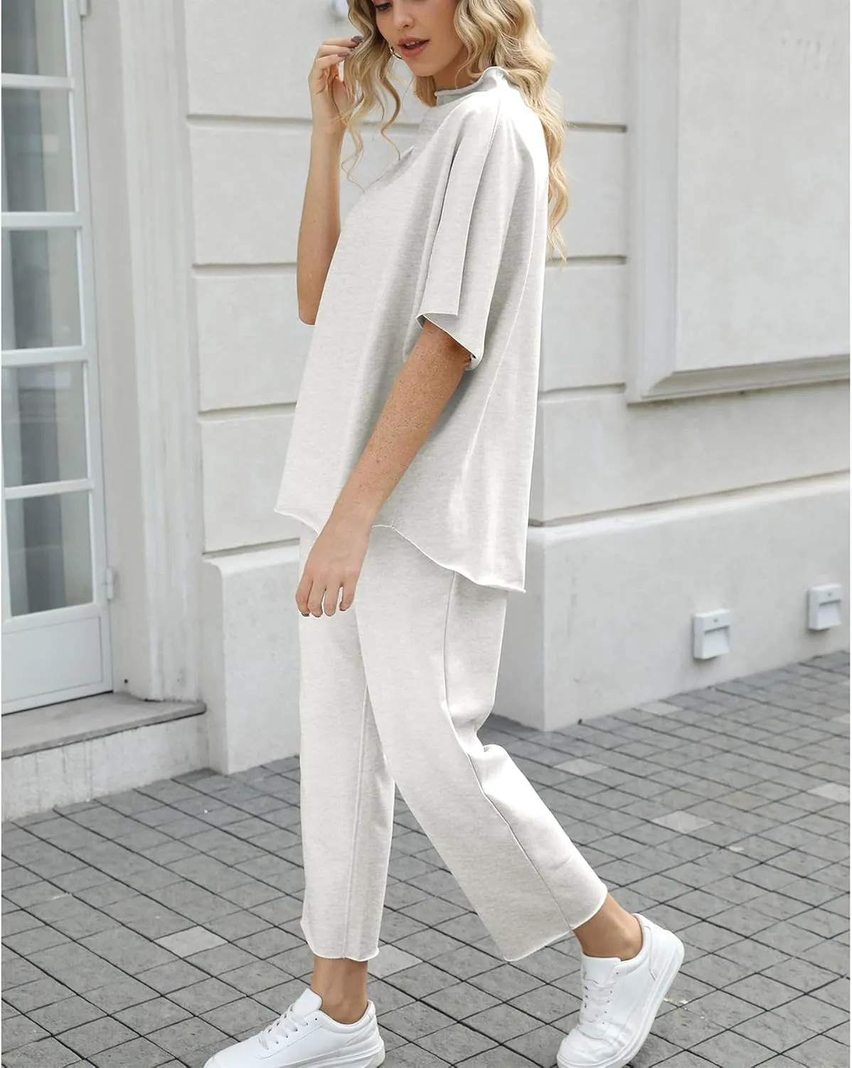 Ainangua Women Casual Two Piece Outfits 3/4 Batwing Sleeve Capelet CrewNeck Pullover Top Wide Leg Pants Lounge Sets Sweatsuit