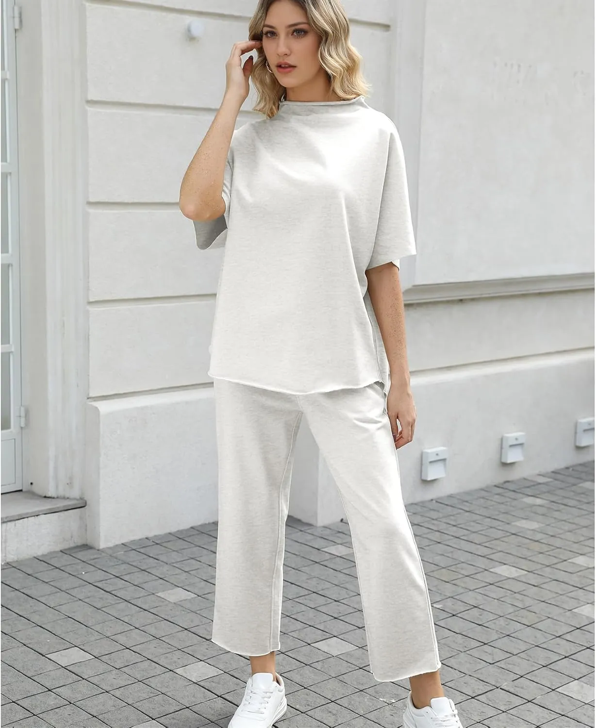 Ainangua Women Casual Two Piece Outfits 3/4 Batwing Sleeve Capelet CrewNeck Pullover Top Wide Leg Pants Lounge Sets Sweatsuit