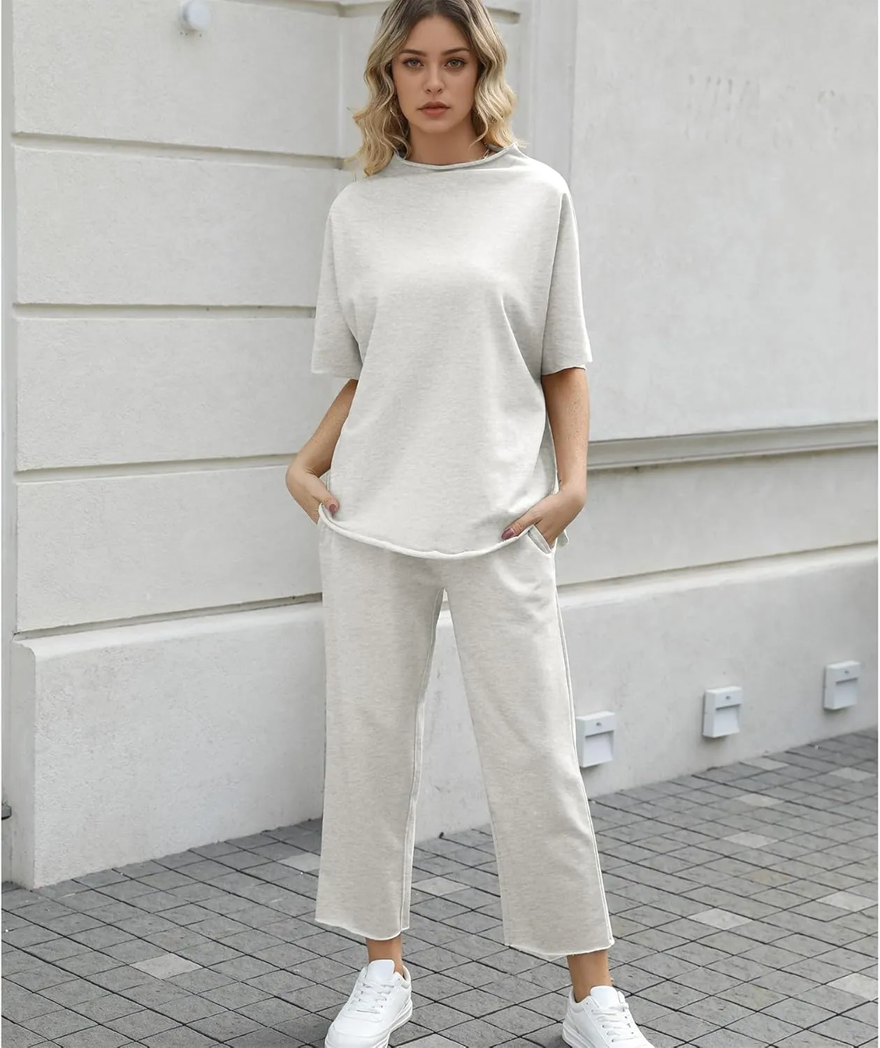 Ainangua Women Casual Two Piece Outfits 3/4 Batwing Sleeve Capelet CrewNeck Pullover Top Wide Leg Pants Lounge Sets Sweatsuit