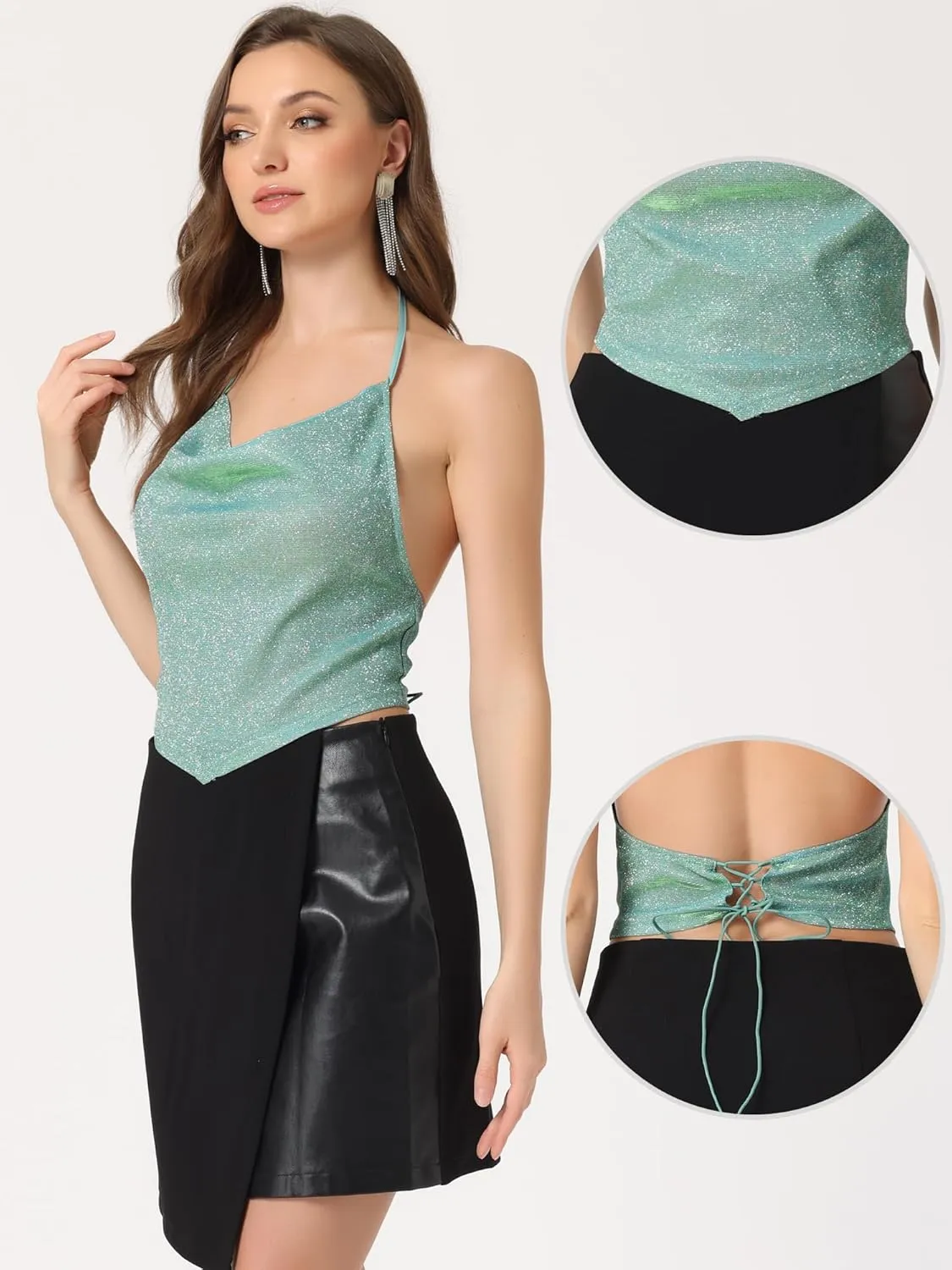 Allegra K Sparkly Metallic Camisole for Women's Party Cowl Neck Backless Glitter Halter Tops