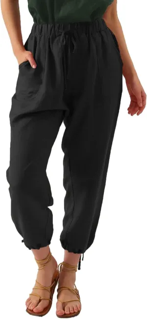 Amazhiyu Womens Linen High Waist Pencil Pants with Pockets Drawstring Trousers