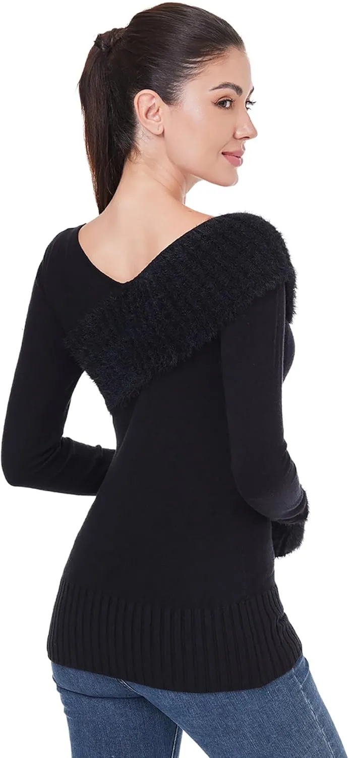AmlieBoutik Women Asymmetric Neckline Faux Fur Trim Long Sleeve Fashion Casual Tunic Sweater Tops