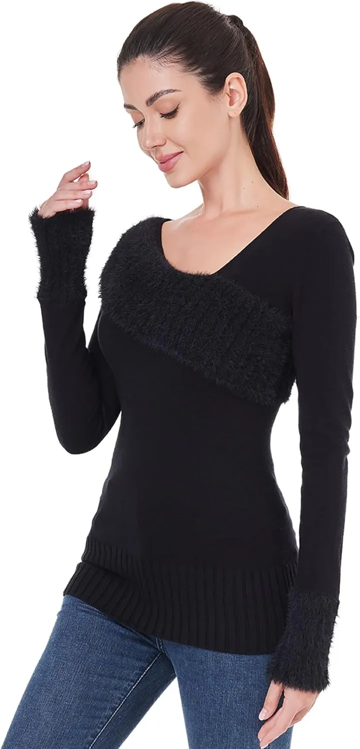 AmlieBoutik Women Asymmetric Neckline Faux Fur Trim Long Sleeve Fashion Casual Tunic Sweater Tops