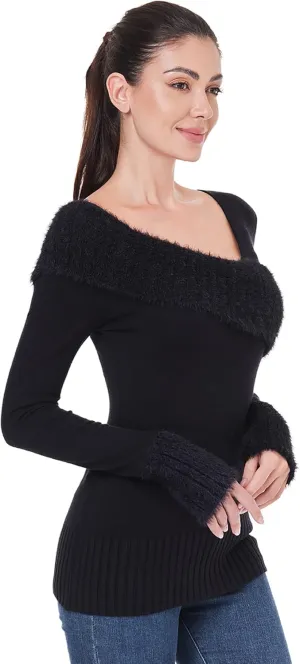 AmlieBoutik Women Asymmetric Neckline Faux Fur Trim Long Sleeve Fashion Casual Tunic Sweater Tops