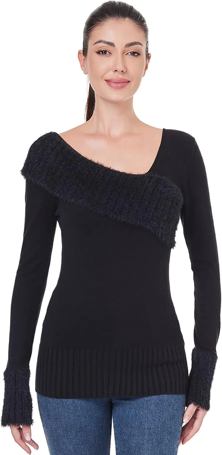 AmlieBoutik Women Asymmetric Neckline Faux Fur Trim Long Sleeve Fashion Casual Tunic Sweater Tops