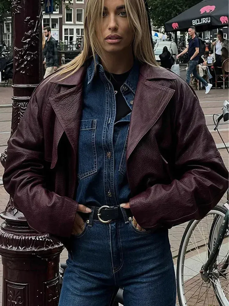 Back To School Joskaa Fashion Lapel Zipper Long Sleeve Leather Jackets For Women Vintage Pocket Wine Red Coats 2024 Autumn Lady Motorcycle Streetwear