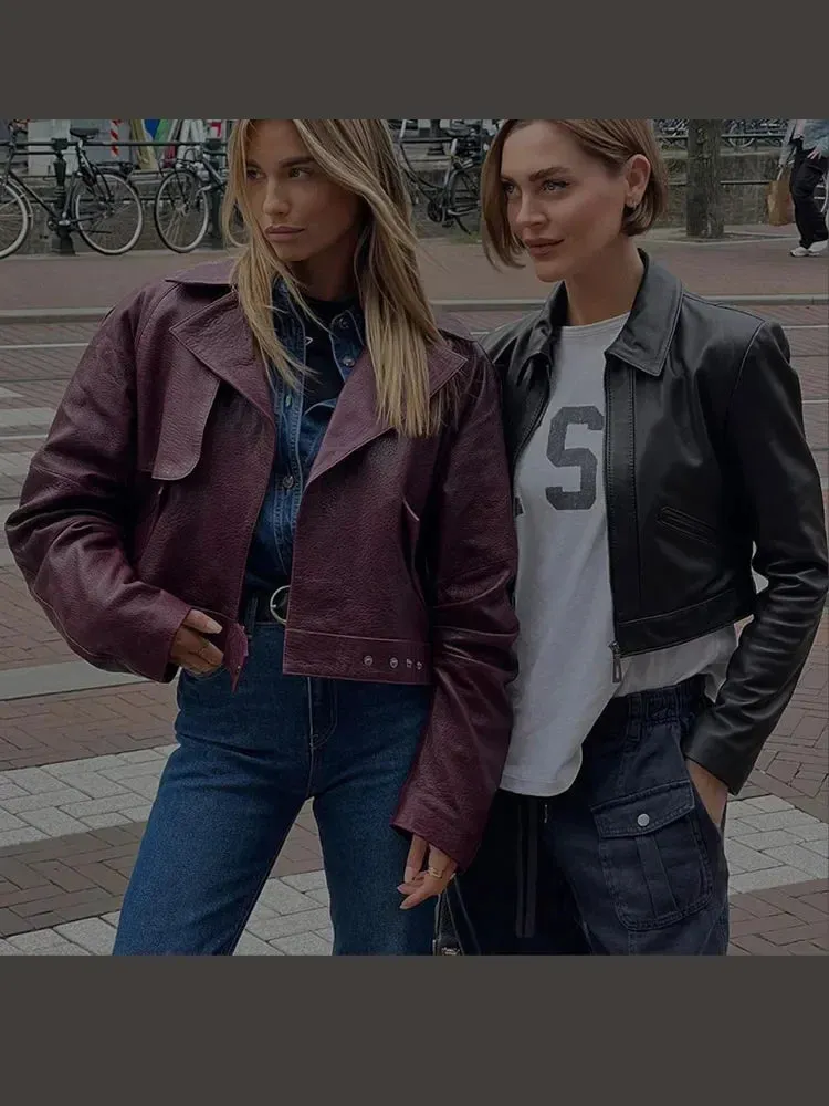 Back To School Joskaa Fashion Lapel Zipper Long Sleeve Leather Jackets For Women Vintage Pocket Wine Red Coats 2024 Autumn Lady Motorcycle Streetwear