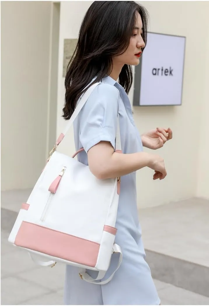 Backpack Purse Women Anti-theft Waterproof Lightweight Travel Fashion Designer Casual Nylon Ladies Daypack Shoulder Bag Handbag Hiking Daily and Shopping (WhitePink)