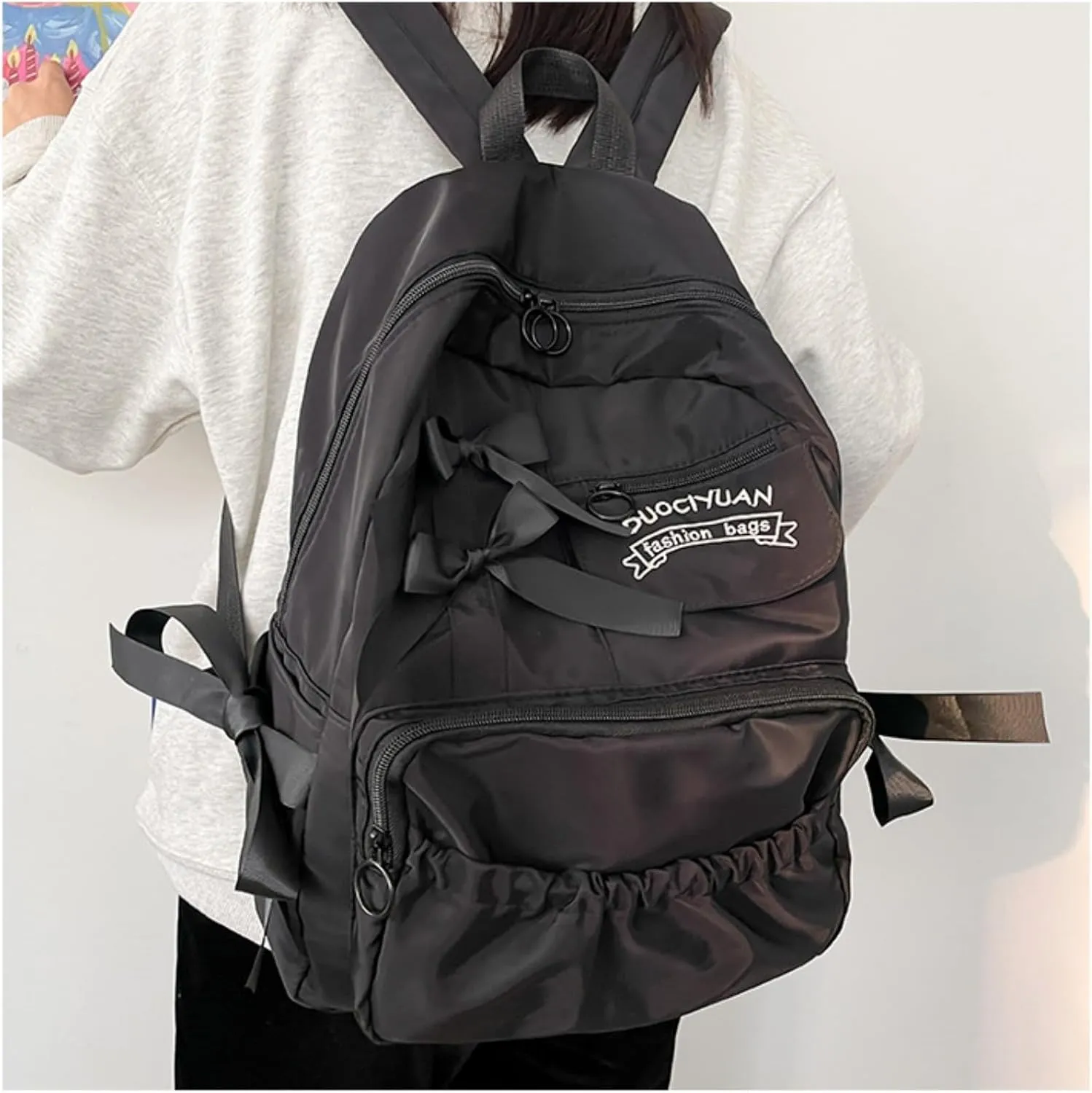 Backpack with Attached Bow-Knots - Ideal for Day-to-Day Use, Kawaii Backpack, Y2k, Aesthetic Cute Backpack (Black)