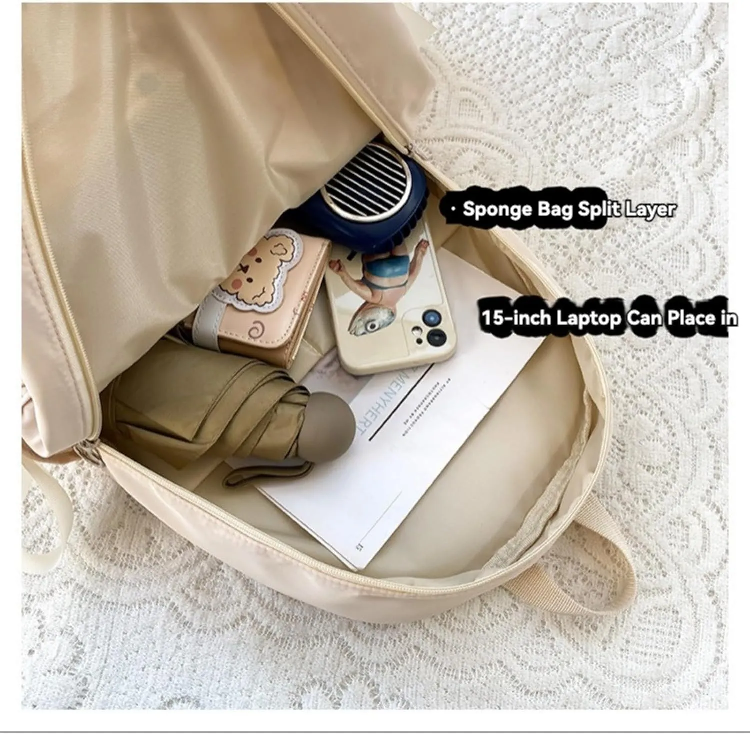 Backpack with Attached Bow-Knots - Ideal for Day-to-Day Use, Kawaii Backpack, Y2k, Aesthetic Cute Backpack (Off white)