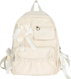 Backpack with Attached Bow-Knots - Ideal for Day-to-Day Use, Kawaii Backpack, Y2k, Aesthetic Cute Backpack (Off white)