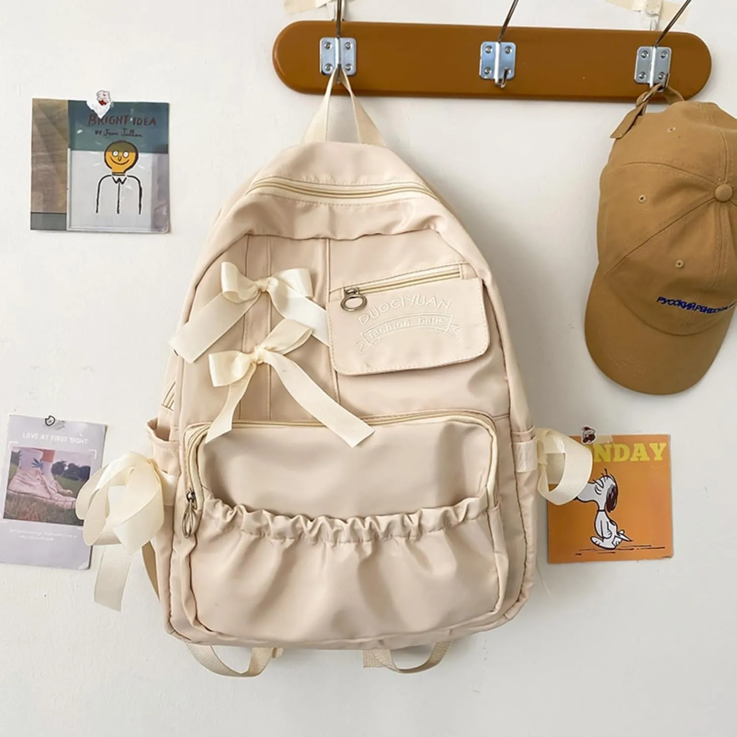 Backpack with Attached Bow-Knots - Ideal for Day-to-Day Use, Kawaii Backpack, Y2k, Aesthetic Cute Backpack (Off white)