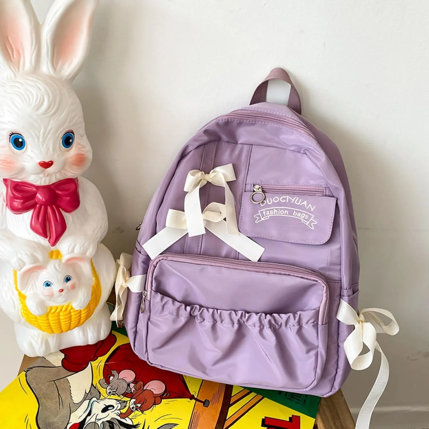 Backpack with Attached Bow-Knots - Ideal for Day-to-Day Use, Kawaii Backpack, Y2k, Aesthetic Cute Backpack (Purple)