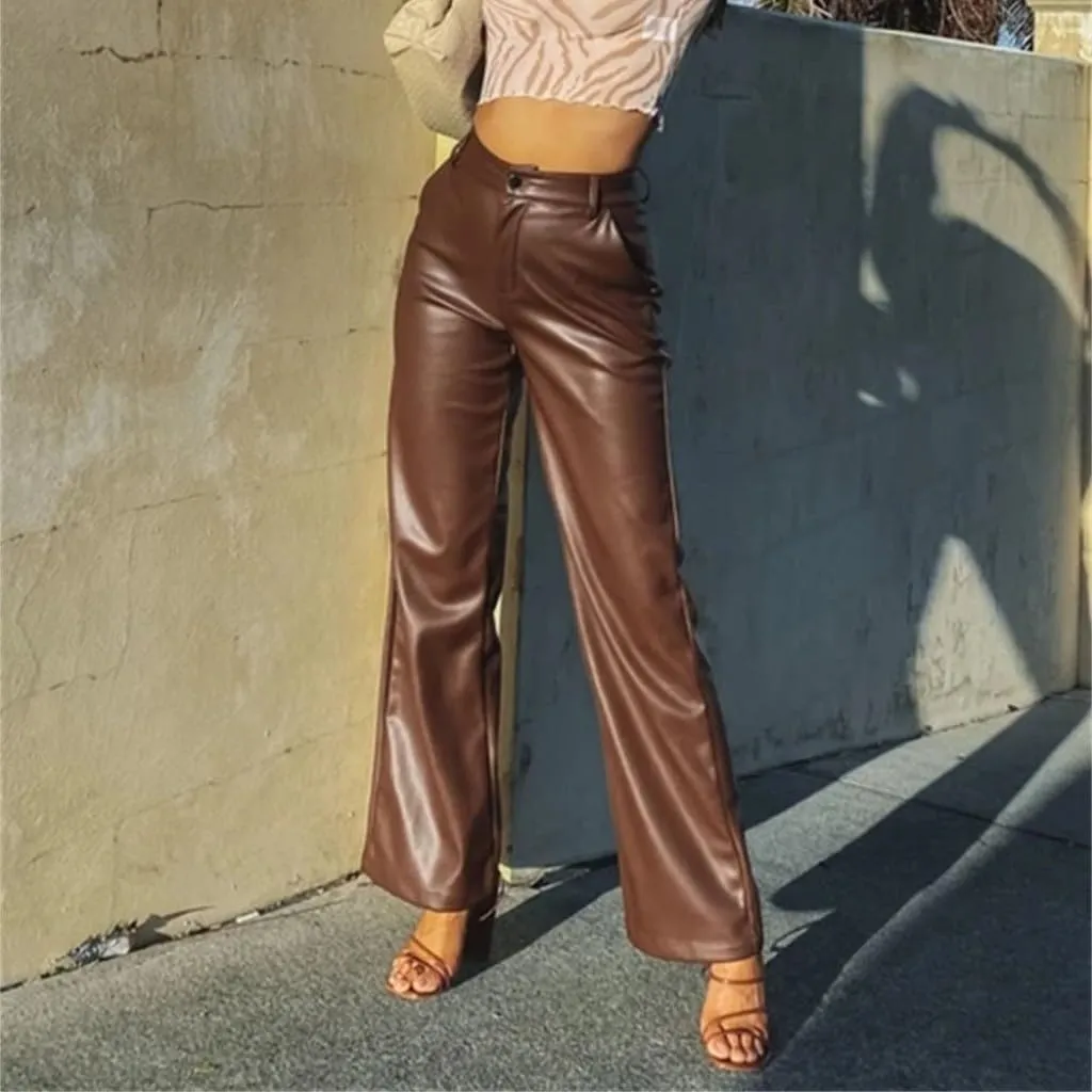 Baggy PU Faux Leather Pants for Women High Waist Straight Wide Leg Trousers Vintage 90s Punk Fashion Streetwear Pants