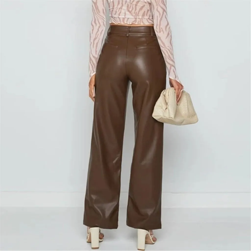 Baggy PU Faux Leather Pants for Women High Waist Straight Wide Leg Trousers Vintage 90s Punk Fashion Streetwear Pants