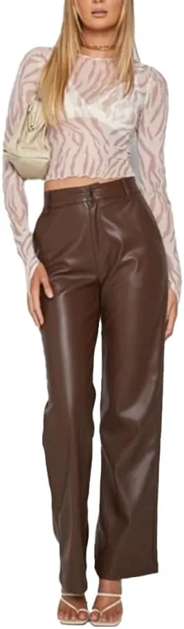Baggy PU Faux Leather Pants for Women High Waist Straight Wide Leg Trousers Vintage 90s Punk Fashion Streetwear Pants