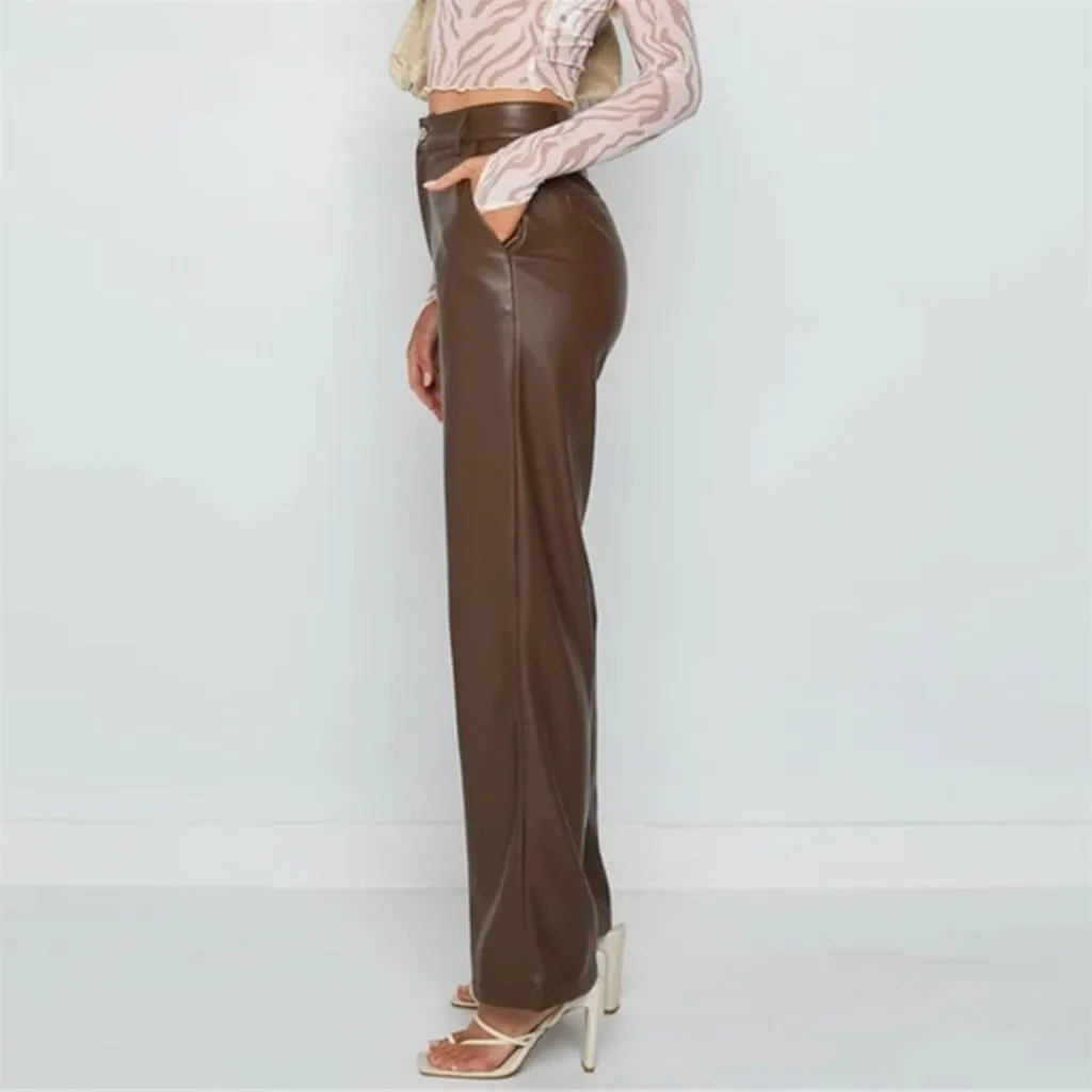 Baggy PU Faux Leather Pants for Women High Waist Straight Wide Leg Trousers Vintage 90s Punk Fashion Streetwear Pants