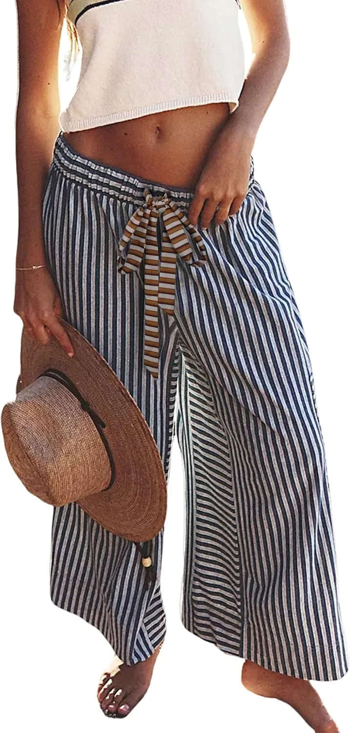 Bankeng Women Drawstring Striped Pants Loose Wide Leg Lounge Pants Casual Palazzo Pants Trousers with Pockets