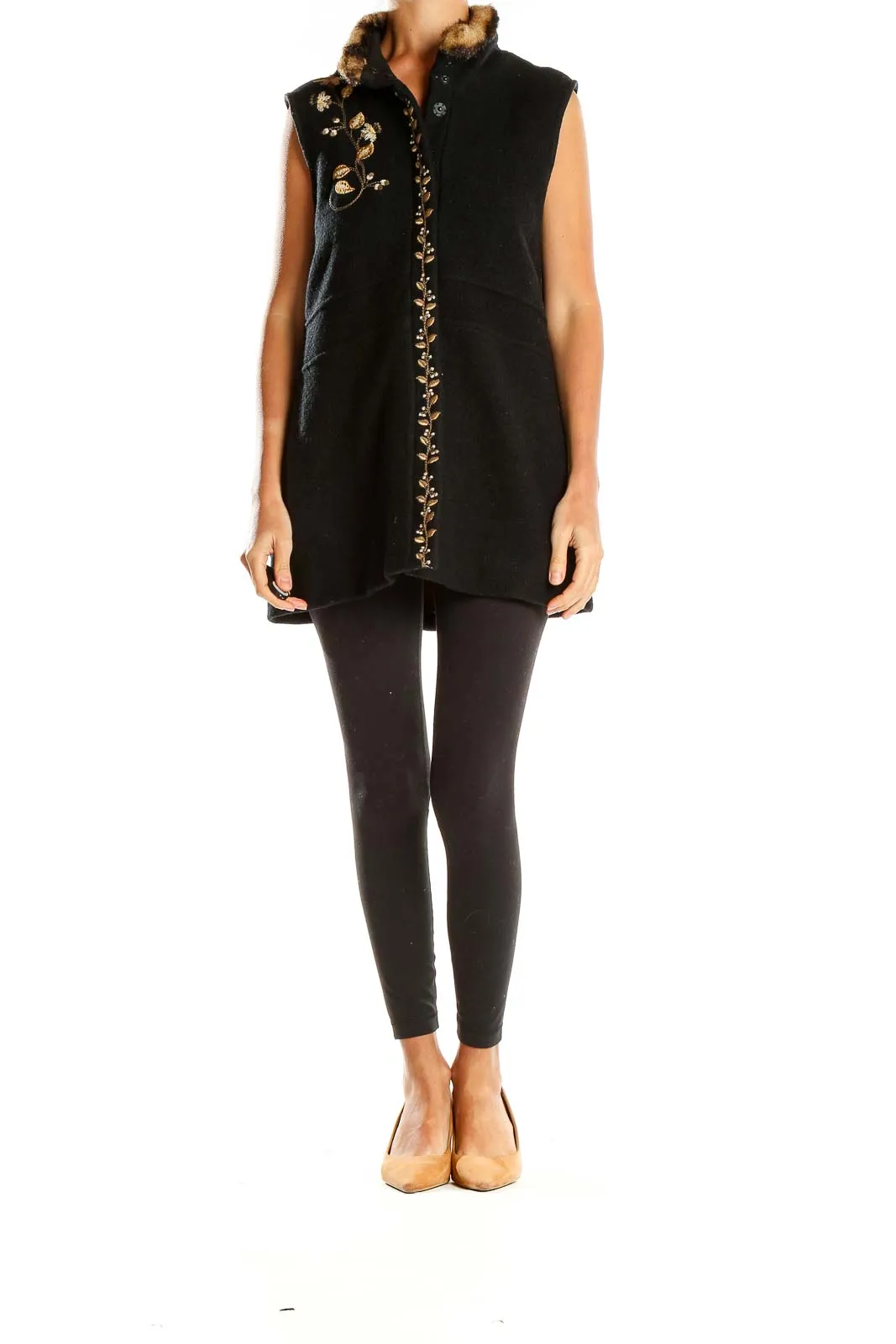 Black Embroidered Fur-Trimmed Vest