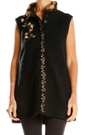 Black Embroidered Fur-Trimmed Vest