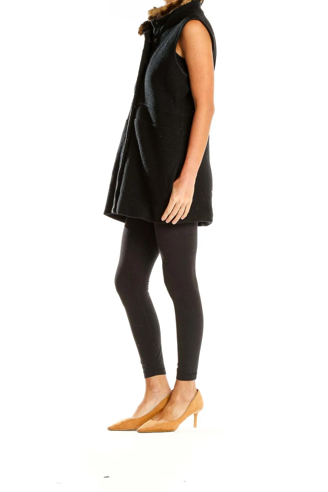 Black Embroidered Fur-Trimmed Vest