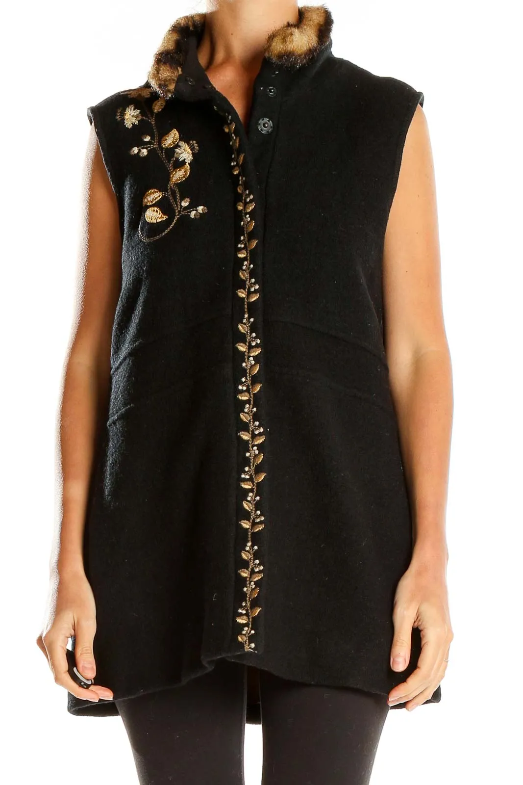 Black Embroidered Fur-Trimmed Vest