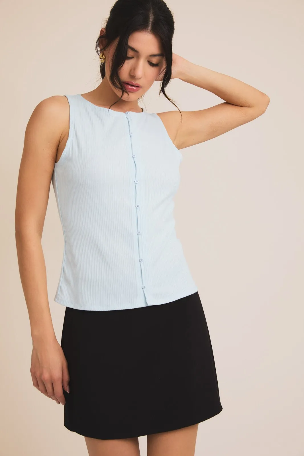 Boat Neck Button Down Vest Top (Reg.)-2 Colors