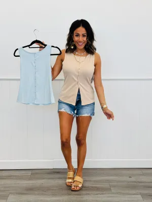 Boat Neck Button Down Vest Top (Reg.)-2 Colors