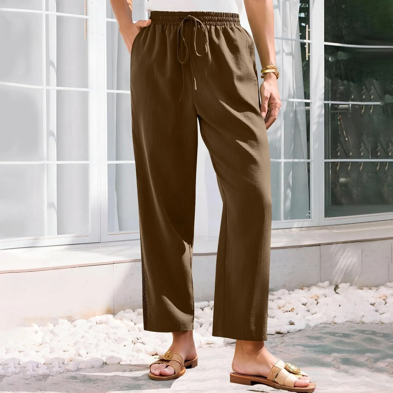 Borniu Wide Leg Solid Color Pants for Women Summer Capri Palazzo Flowy Pants Casual Loose High Waist Trousers with Pockets