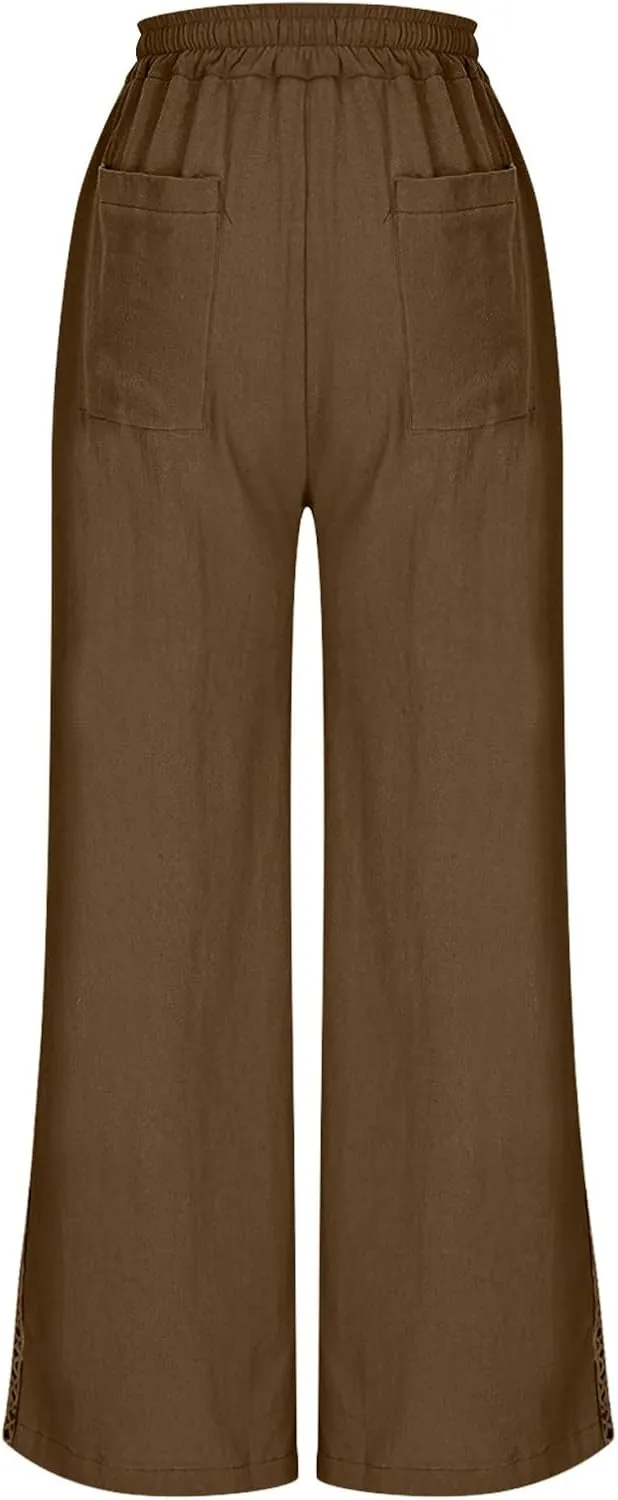 Borniu Wide Leg Solid Color Pants for Women Summer Capri Palazzo Flowy Pants Casual Loose High Waist Trousers with Pockets