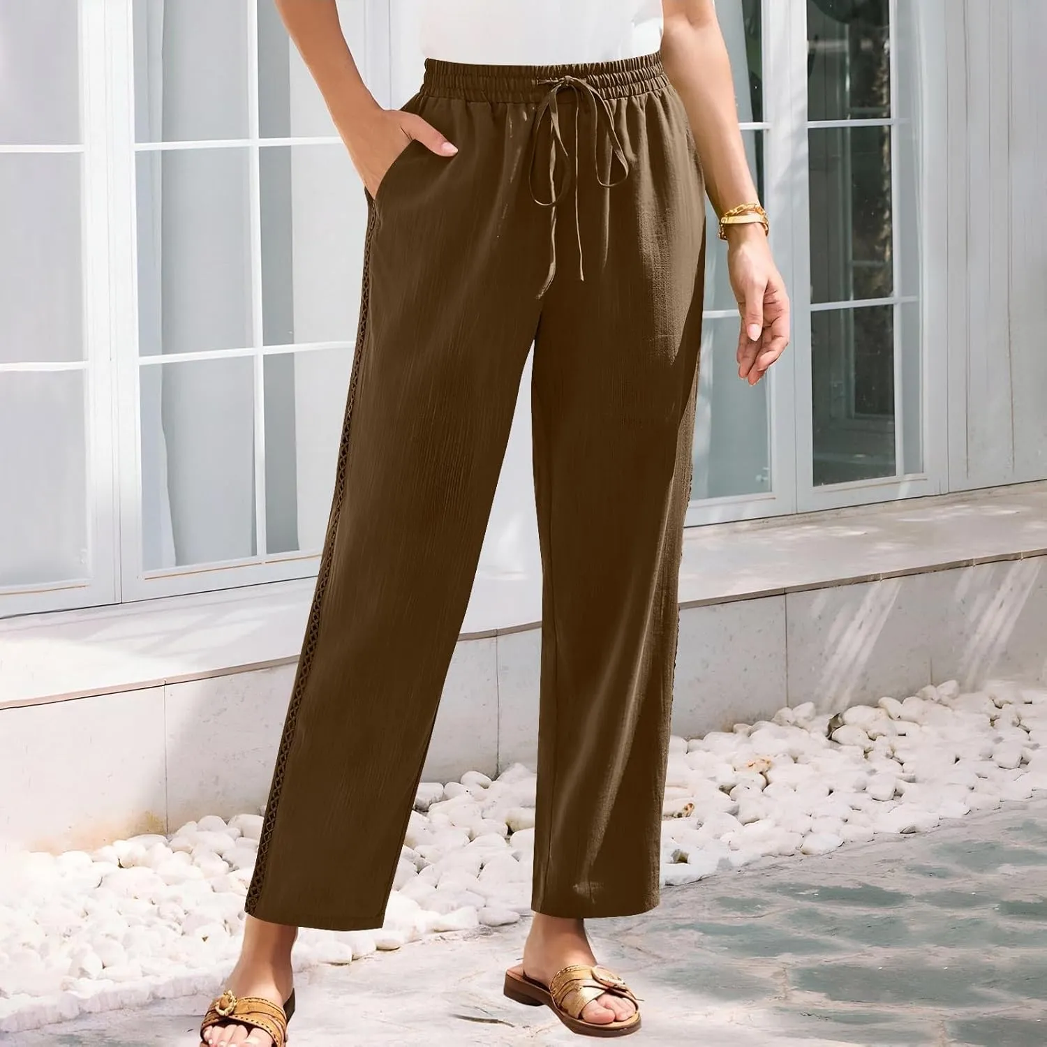 Borniu Wide Leg Solid Color Pants for Women Summer Capri Palazzo Flowy Pants Casual Loose High Waist Trousers with Pockets