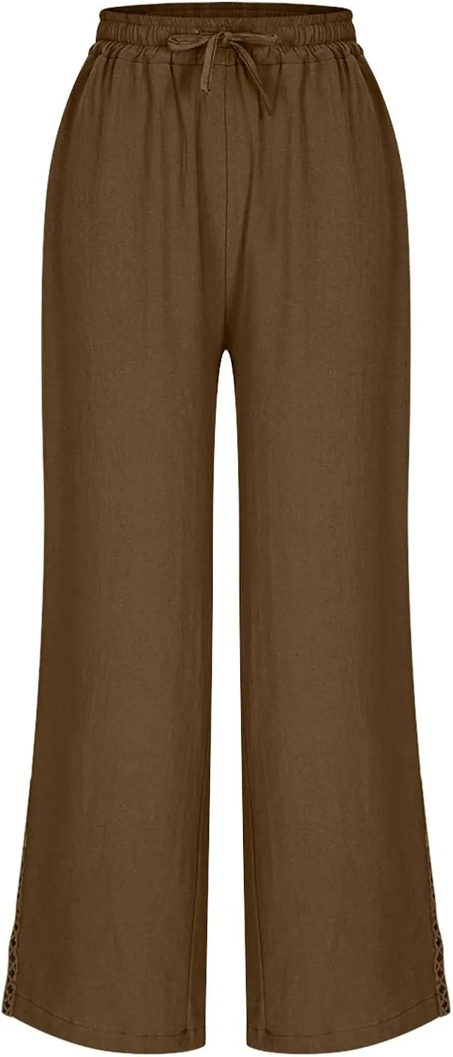 Borniu Wide Leg Solid Color Pants for Women Summer Capri Palazzo Flowy Pants Casual Loose High Waist Trousers with Pockets